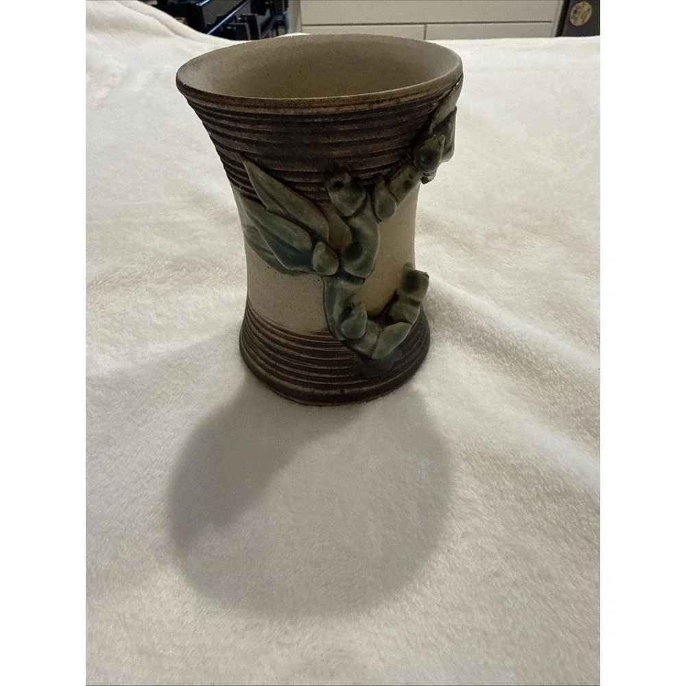 Vintage Signed JS Studio Art Pottery Vase Grapevine Stoneware Rustic Decor